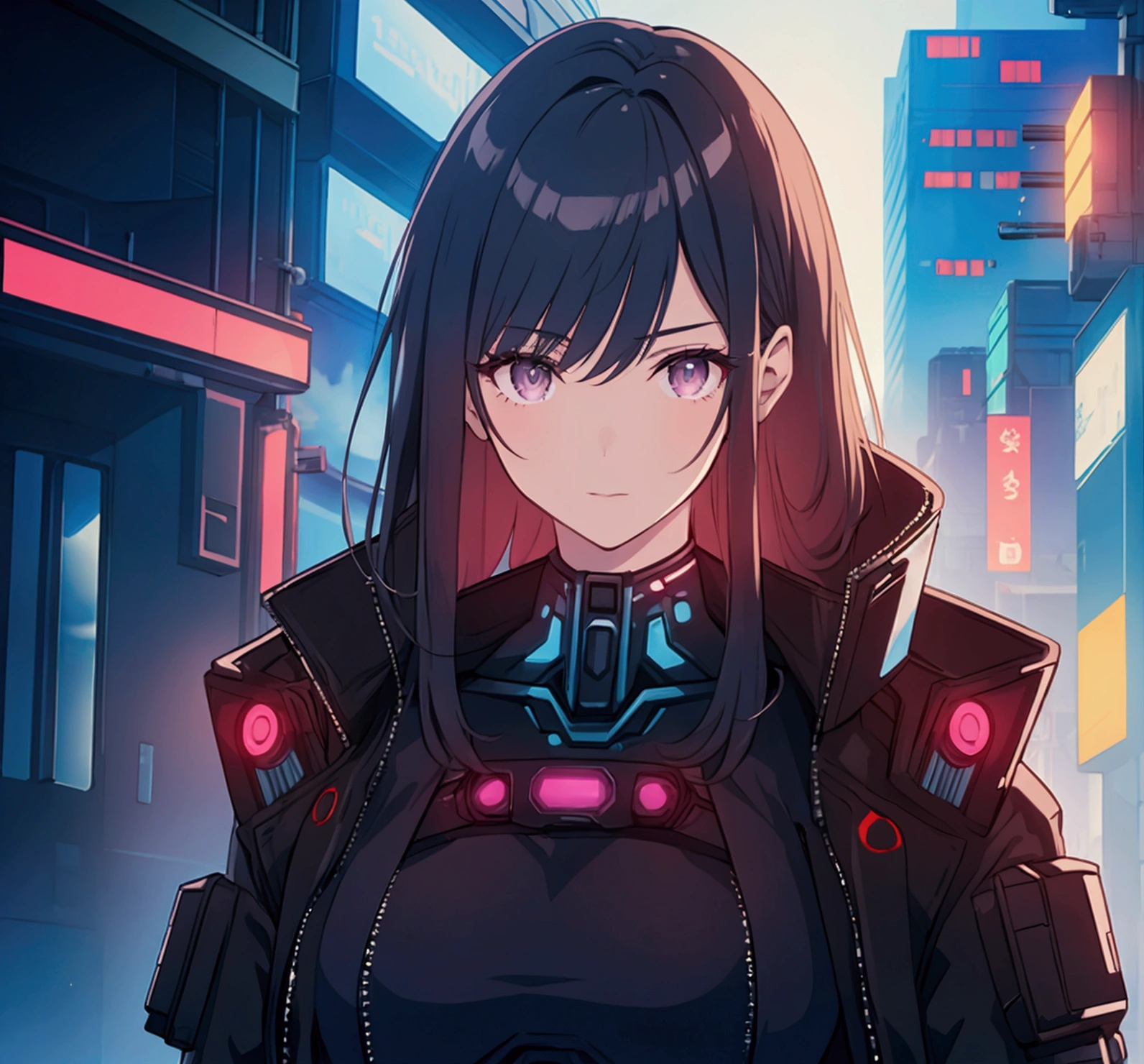 future, cyberpunk, female agent, shoulder exposure, straight ahead, upper body, portrait