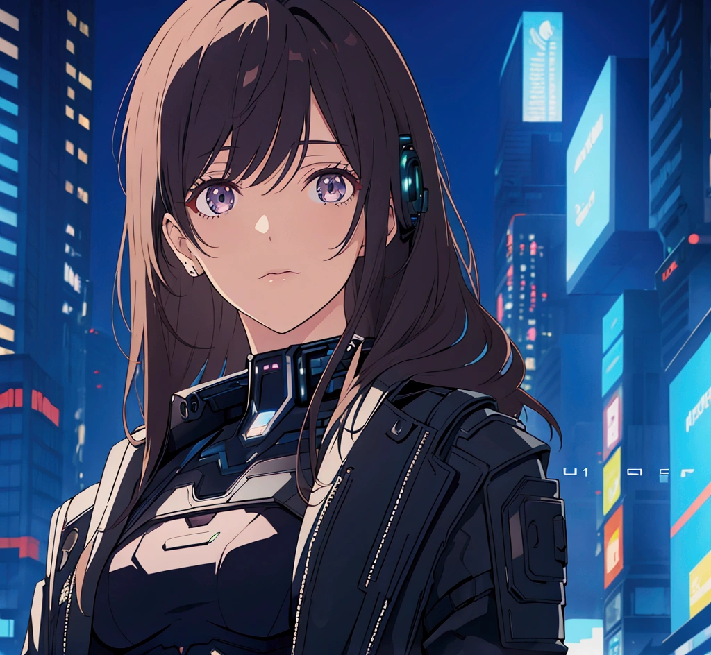future, cyberpunk, female agent, shoulder exposure, straight ahead, upper body, portrait
