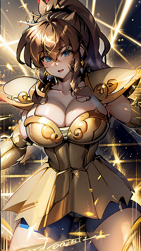 Gold Armor, 4K image, rallies, best quality, masterpiece, movie lighting ，Sexy，Large Breasts，Cleavage，action，In battle，cleavage，anger，noble，Light beams from hands，Golden lightning all around，red hair，ponytail hairstyle，Saint Seiya Leo Aiolia，Wink，lipstick