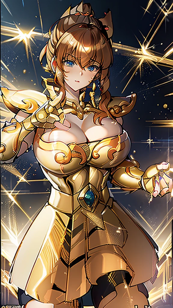 Gold Armor, 4K image, rallies, best quality, masterpiece, movie lighting ，Sexy，Large Breasts，Cleavage，action，In battle，cleavage，anger，noble，Light beams from hands，Golden lightning all around，red hair，ponytail hairstyle，Saint Seiya Leo Aiolia，Wink，lipstick