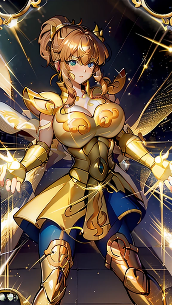 Gold Armor, 4K image, rallies, best quality, masterpiece, movie lighting ,Sexy,Large Breasts,Cleavage,action,In battle,cleavage,anger,noble,Light beams from hands,Golden lightning all around,red hair,ponytail hairstyle,Saint Seiya Leo Aiolia,Wink,lipstick