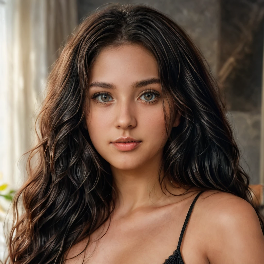 An ultra-realistic portrait of a young woman named anikaxxx. Her face is the main focus, showing highly detailed and realistic features. She has long, dark hair styled in loose waves, and her skin is smooth and radiant. Her eyes are expressive and bright, with a hint of natural makeup to enhance her beauty. She has a confident and friendly expression, looking directly at the camera. The background is softly blurred to keep the focus on her face. The lighting is natural and soft, highlighting her facial features and adding depth to the portrait.

