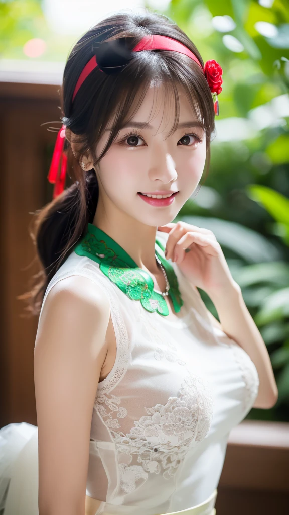 (8k, raw, masterpiece: 1.5), (professional photograph, sharp: 1.2), (natural sun light), (soft shadow), (photorealistic: 1.4), perfect dynamic composition, (1 girl), (Ultra-detailed face and skin), gorgeous face, perfectly proportioned face, dark brown eyes, round eyes, beautiful eyes, glossy eyes, high nose bridge, blush, plump lips, really moist skin, white skin, (delicate skin:1.4), (latex skin:0.4), (perfect glowing skin:0.6), (black colored ponytail hair, bangs), (hourglass figure), (large breast: 1), Refined expression, smile gently at the camera, looking at camera, silver necklace, (red headband), (green qipao)