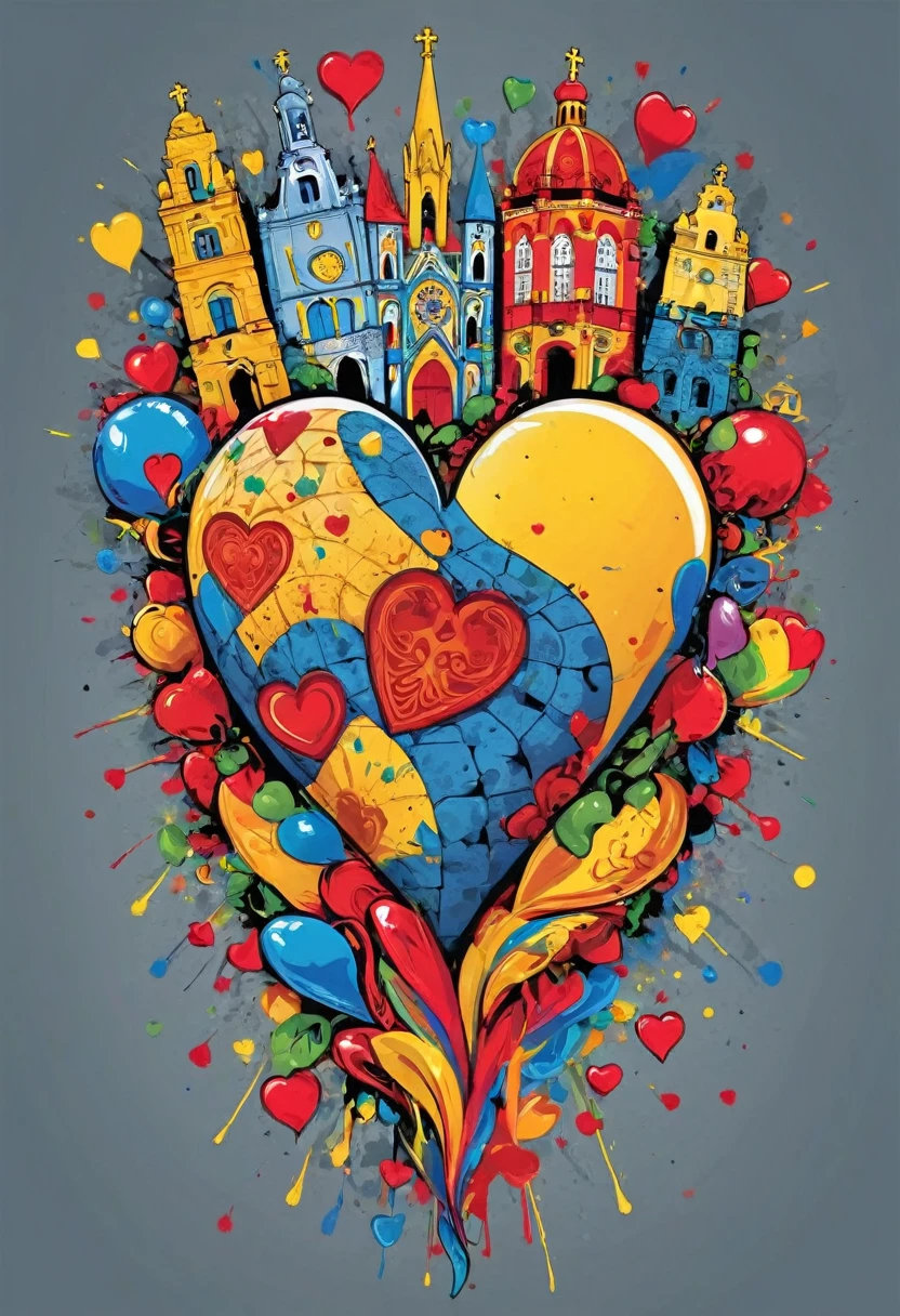 heart shape vector art with a colorful illustration city of Barcelos, in the center, vibrant colors, paint splashes and stains, high detail, t-shirt designs (work of art, best quality, professional, perfect composition, very aesthetic, absurd, super detailed, Intricate details:1.3)