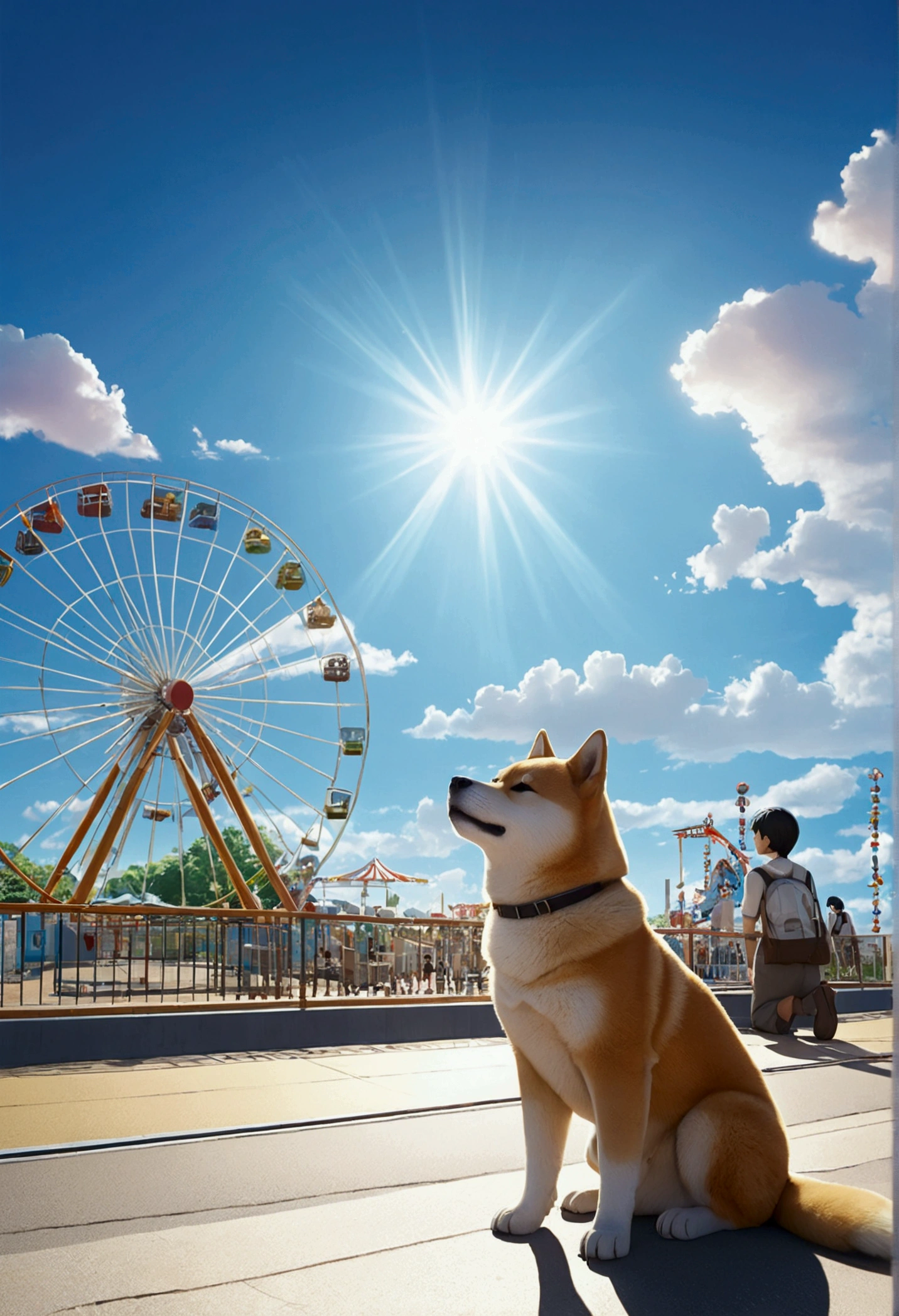 t2Img Studio Makoto Shinkai Taste, Beautiful sky, Shining Sun,Shiba Inu Puppy, Healing scenes,amusement park,Wide angle、