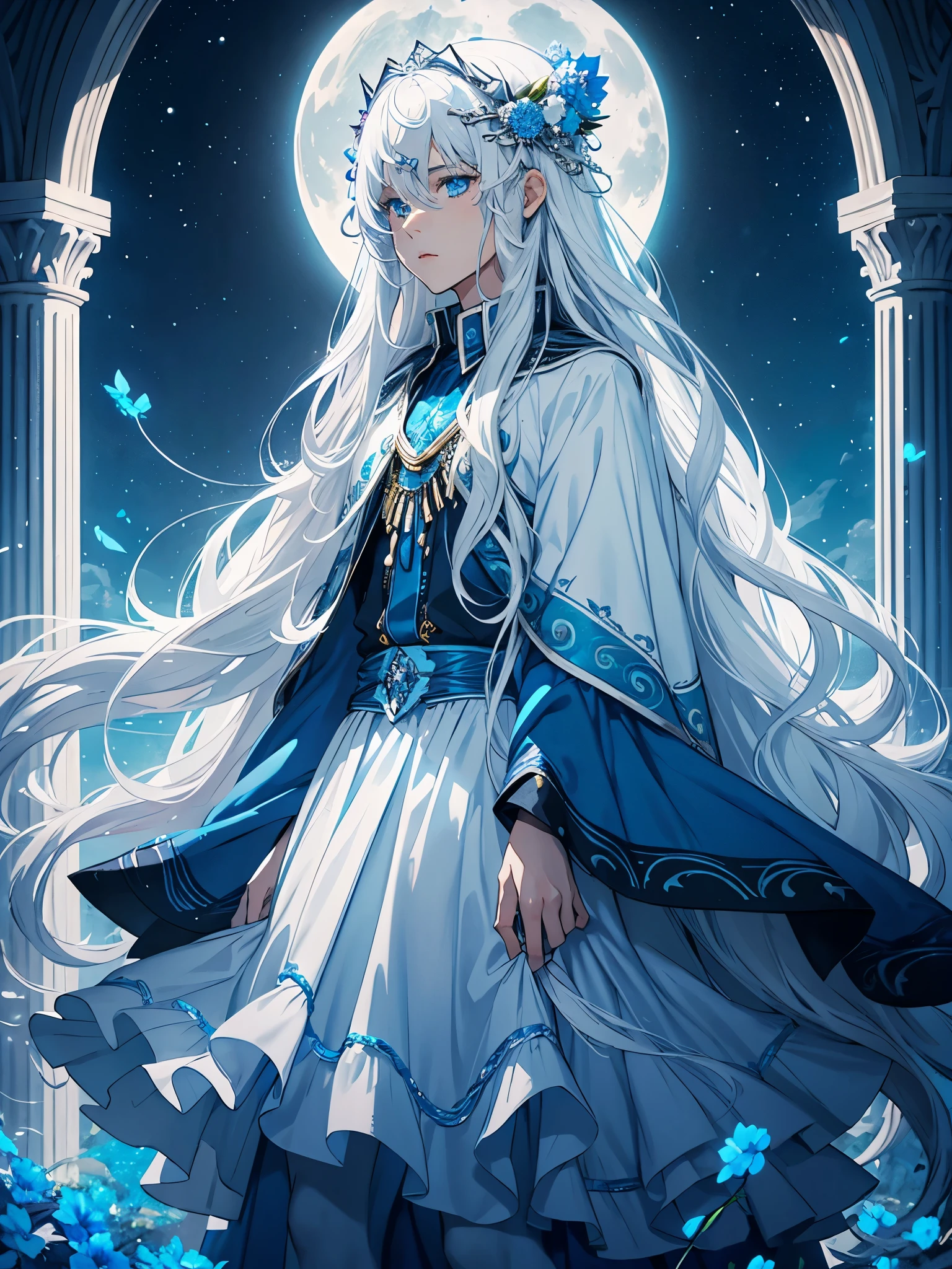 King of the moon. Long hair. long white hair. aquatic, boy, Goddess of the Moon, silver hair accessories, White hair, blue flowers. Blue lights. blue dress, cape, at night, saturated colors, light eyes, bright, light blue light, blue eyes, Jewelry silver