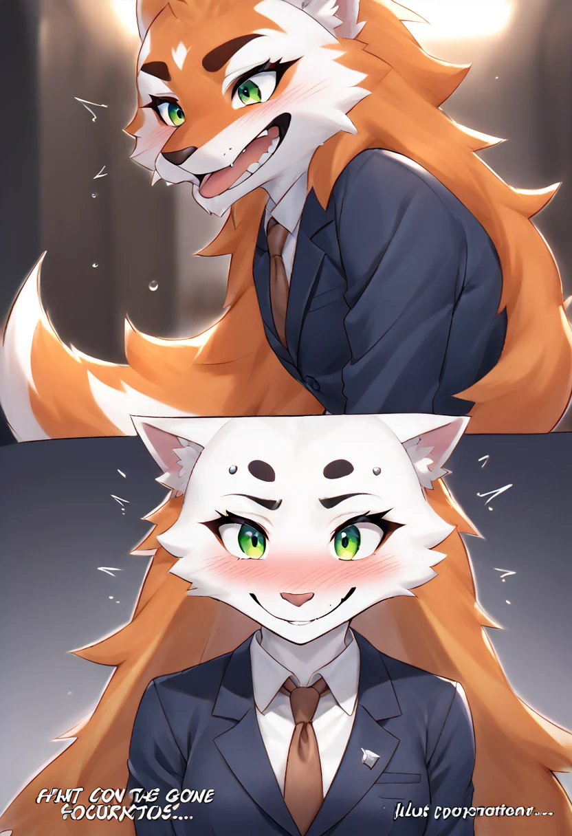 diane foxington, dark blue formal suit, dark vermilion tie, right eyebrow piercing, green eyes, flirtatious smile, blush, perspiration, furry, orange body