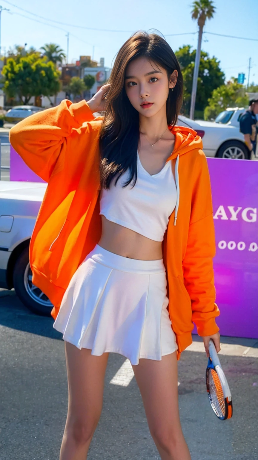 (medium long shot portrait) of cute 23 yo girl ,wear ((orange color oversized_hoodie)), wear ((purple tennis skirt)),looking front,Best Quality,Masterpiece,Ultra High Resolution,(Realisticity:1.4),Original Photo, 1Girl, light leak,ultra high resolution,UHD,beautiful, (black straight hair), almond eye, no makeup, in front of ((80's los angles colorful gas station)), (realistic:1.2), (surreal:1.3), (very detailed:1.1), ((masterpiece)),summer, blue sky, palm trees,sunny, los angles vibes,film camera, 800mm lens,style of Philip Lorca diCorcia
