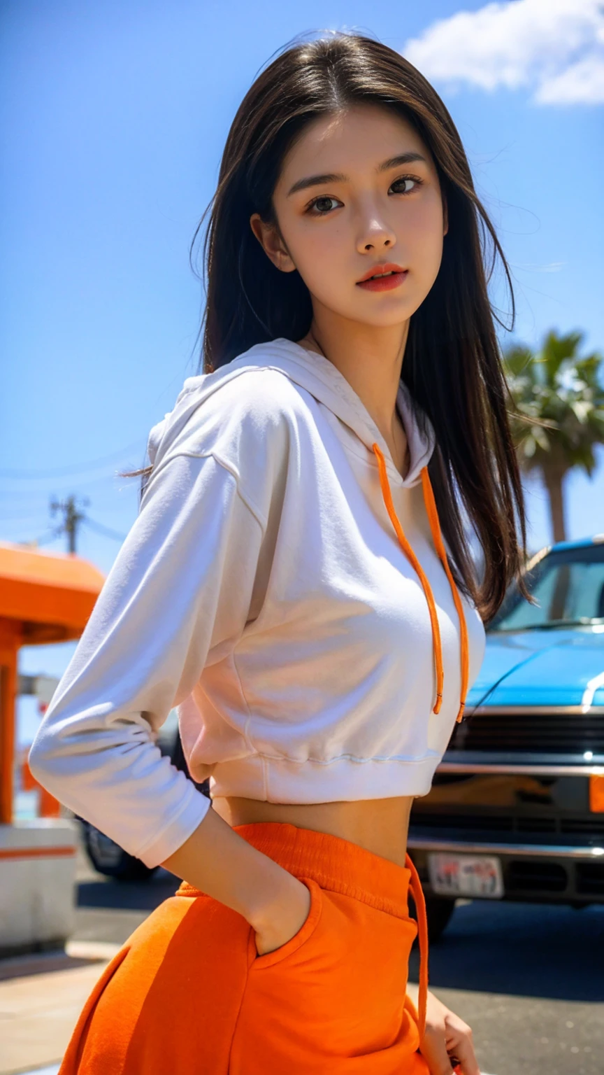 (medium long shot portrait) of cute 23 yo girl ,wear ((orange color oversized_hoodie)), wear ((purple tennis skirt)),looking front,Best Quality,Masterpiece,Ultra High Resolution,(Realisticity:1.4),Original Photo, 1Girl, light leak,ultra high resolution,UHD,beautiful, (black straight hair), almond eye, no makeup, in front of ((80's los angles colorful gas station)), (realistic:1.2), (surreal:1.3), (very detailed:1.1), ((masterpiece)),summer, blue sky, palm trees,sunny, los angles vibes,film camera, 800mm lens,style of Philip Lorca diCorcia