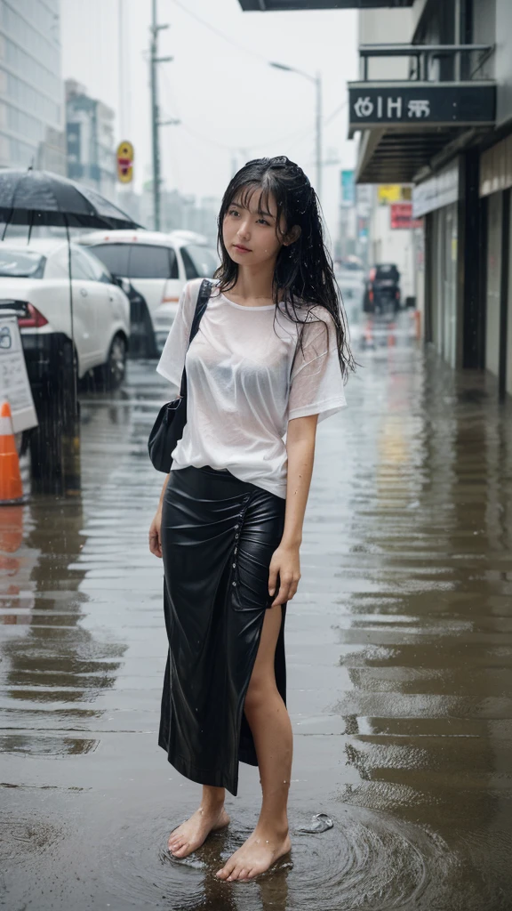 Natural image quality,Standing facing forward, (((looking at the camera))),１People Girls,Japanese,20-year-old,Beauty,tears,Sad expression, Wet short-sleeved summer clothes,Wet fabric skirt,(Disheveled Hair), ((Wet Hair)), ((Wet body)), ((Wet clothes)), ((Wet Face)), (The whole body is wet from rain), (Rainy city office district)