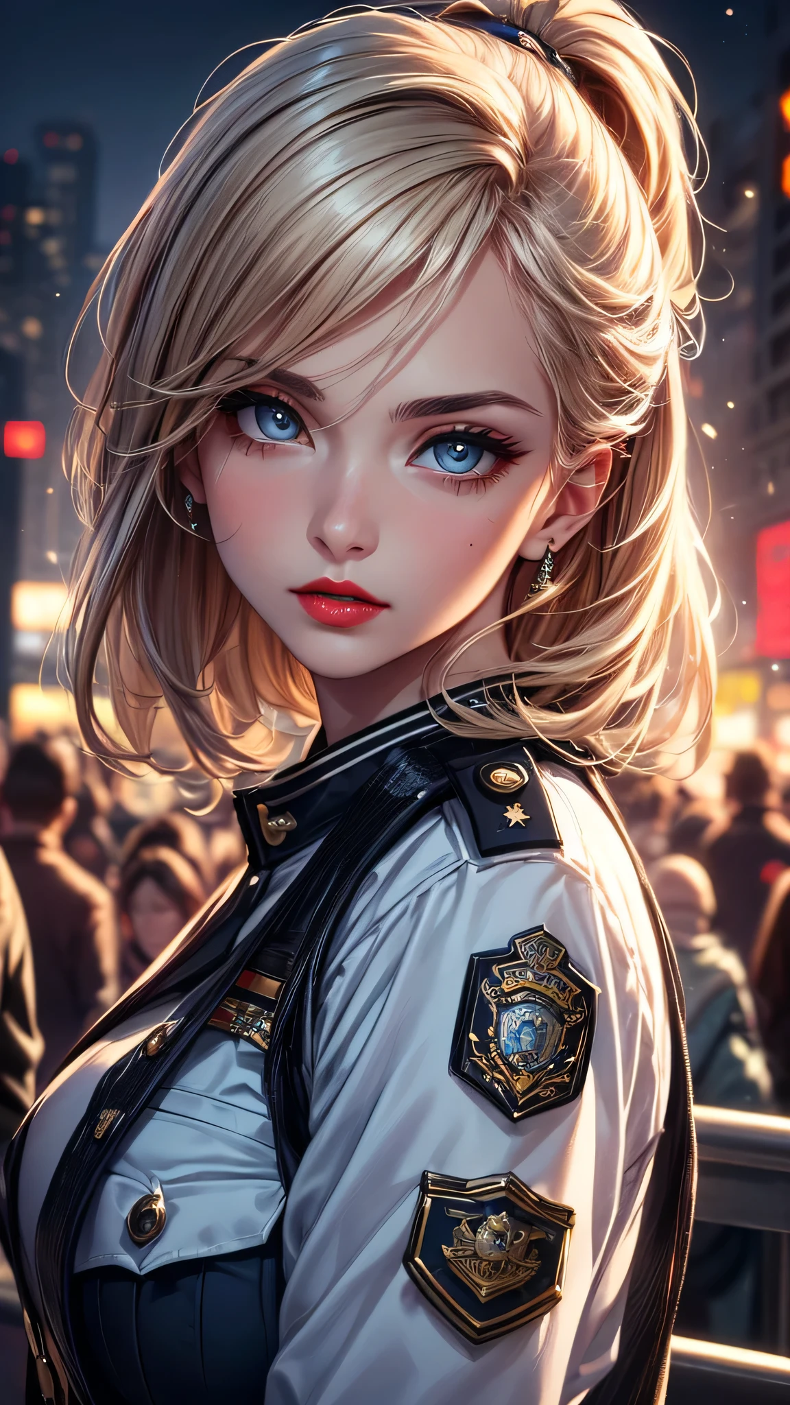 (Highest quality, masterpiece),alone, (Police uniform, Female police officer), (Very delicate and beautiful face), (Beautiful eyes in every detail), City lights, (Looking at the audience: 1.3), Release your lips, Red lips, Shiny skin, Highest quality, Ultra-high resolution, (realism: 1.4),