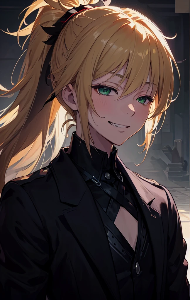 masterpiece, best quality, (detailed anime, video game art, extremely detailed CG unity 8k wallpaper), (best quality), (best illustration), (best shadow), absurdres, realistic lighting, (Abyss), beautiful detailed glow, anime, solo, 1girl, (small chest, portrait, close up shot:1.22), (mordred:0.89), female, feminine, half-closed eyes, masterpiece, best quality, (detailed anime, video game art, extremely detailed CG unity 8k wallpaper), (best quality), (best illustration), (best shadow), absurdres, realistic lighting, (Abyss), beautiful detailed glow, anime, solo, 1girl, (small chest, portrait, close up shot:1.22), (mordred:0.89), female, feminine, blonde hair, green eyes, ponytail, tomboy, long hair, (dynamic pose, attack stance, valkyrie, smirk:1.03), messy hair, royalty warrior, soldier, vicious expression, grin, (head tilt:1.22), cocky, death glare, kubrick stare, perspective view, (\ ( three quarter profile \ ):0.55), suit and tie, overcoat, black suit, belt, spotlight, dark theme