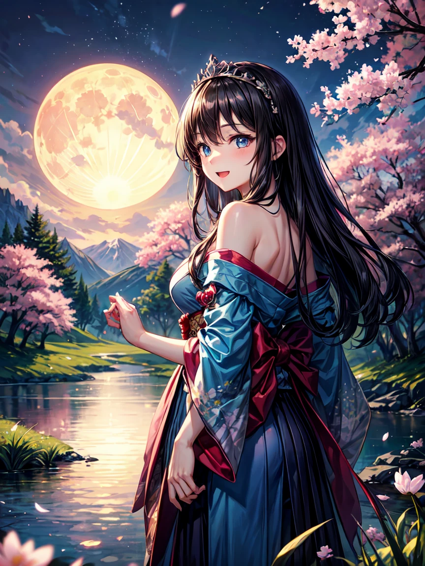 Highest quality、Very delicate and beautiful、masterpiece、night、full moon、18-year-old 、Japanese、、Black-haired、blue eyes、Shiny skin、valley、Blue clothes、Off the shoulder、Tiara on head、Laughter、Are standing、Backwards、Prickett、Pond in the background、forest、cherry blossoms