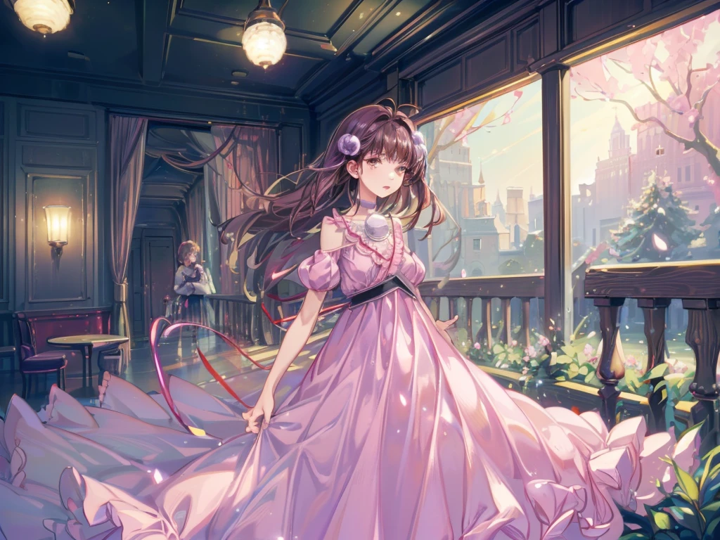 Reala, hair ornament, red choker, pink dress, (masterpiece, Absurd quality, Highest quality, Official Art, beautifully、aesthetic:1.2), 16K, Cute  girl, Very detailed, Digital Art, colorful, Most detailed, Bright colors, (Conversion Sequence), Baby Face, Cinema Lighting, Dynamic Angle, landscape, scenery, (difficult:1.5), (One girl:1.5), (indoor:1.5), Bedroom, lamp, (Hotel Rooms:1.3), (Very detailed lips:1.3), eyelash, Very detailed顔, (Perfect Legs, Perfect hands, Perfect Anatomy：1.1), Depth of written boundary, Speckled sunlight, Beautiful lighting, Little, Floating Hair,