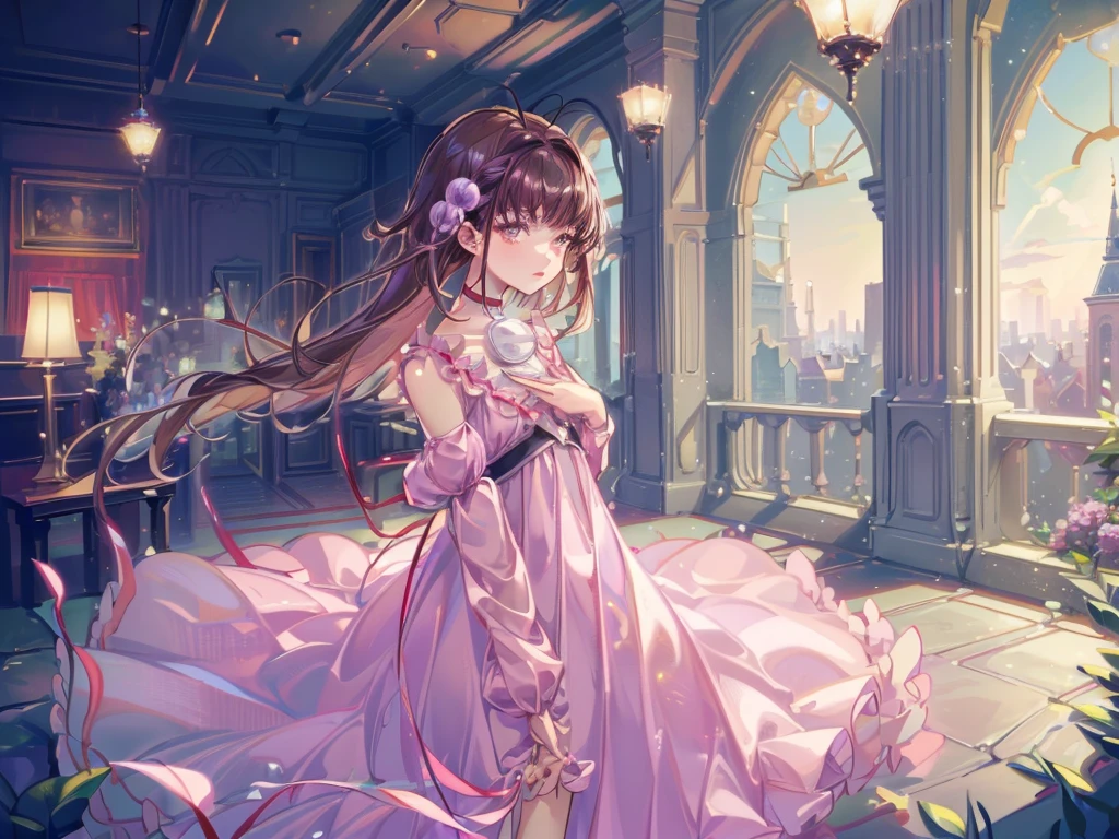 Reala, hair ornament, red choker, pink dress, (masterpiece, Absurd quality, Highest quality, Official Art, beautifully、aesthetic:1.2), 16K, Cute girl, Very detailed, Digital Art, colorful, Most detailed, Bright colors, (Conversion Sequence), Baby Face, Cinema Lighting, Dynamic Angle, landscape, scenery, (difficult:1.5), (One girl:1.5), (indoor:1.5), Bedroom, lamp, (Hotel Rooms:1.3), (Very detailed lips:1.3), eyelash, Very detailed顔, (Perfect Legs, Perfect hands, Perfect Anatomy:1.1), Depth of written boundary, Speckled sunlight, Beautiful lighting, Little, Floating Hair,