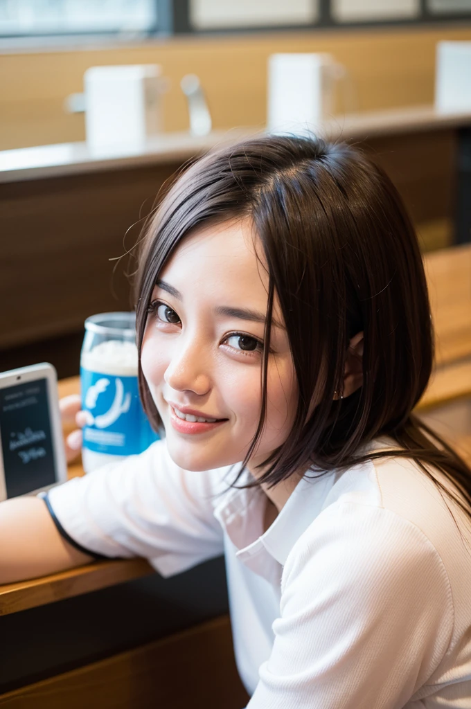 Top quality, 1 beautiful woman, super short Hair, shy-smile, wearing shirt, (leaning forward:1.3), at cafe