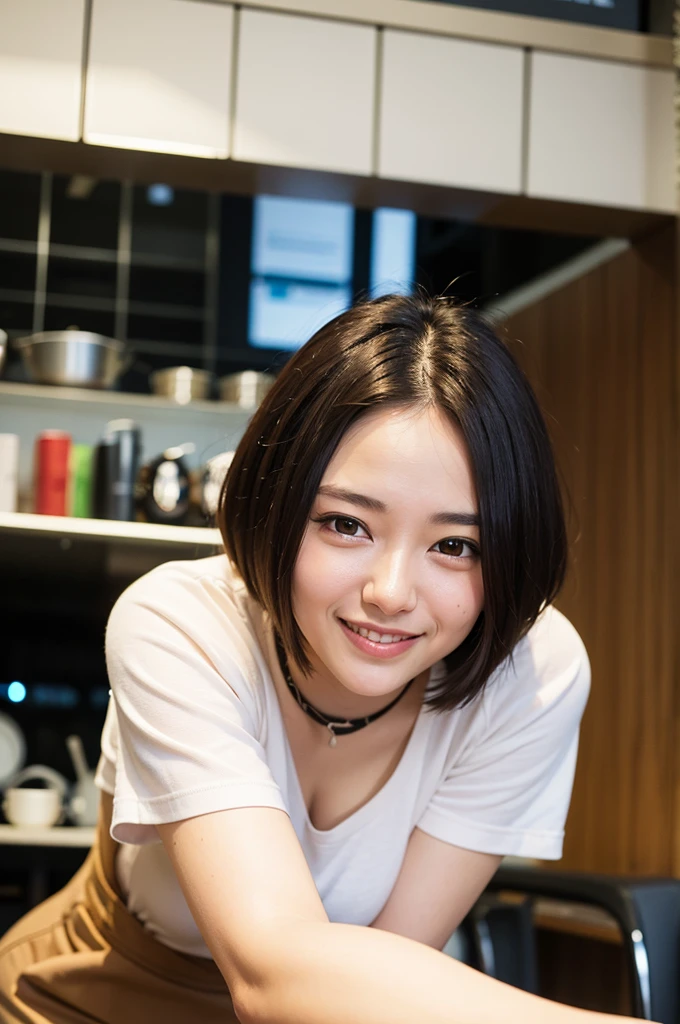 Top quality, 1 beautiful woman, super short Hair, shy-smile, wearing shirt, (leaning forward:1.3), at cafe