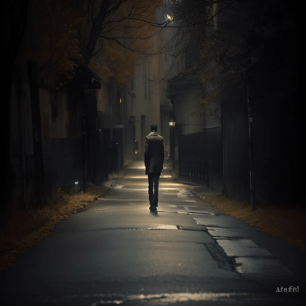 arafed man walking down a dark street in the dark, lonely human walking, loneliness, lonely and sad, GOING AWAY, he is alone, Man sad, man walking, sense of mystery and loneliness, 'dark and lonely figure'!!, GOING AWAY from camera, GOING AWAY from the camera, sad and lonely, , he alone, alone dramatic