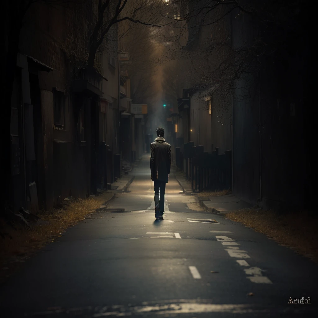 arafed man walking down a dark street in the dark, lonely human walking, loneliness, lonely and sad, GOING AWAY, he is alone, Man sad, man walking, sense of mystery and loneliness, 'dark and lonely figure'!!, GOING AWAY from camera, GOING AWAY from the camera, sad and lonely, , he alone, alone dramatic