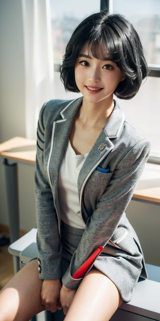 ((8K, original photo, Top quality, masterpiece), High-resolution RAW color photos Professional close-up photos, (Practical, Photorealism: 1.37), (best quality), (Best shadow), (Best Illustration), clavicle ((Large target)), ((, Sexy, Ultra-high resolution, HD CG unified 8K wallpaper, Physically Based Rendering, light), (Egiosar:1), 18 year old girl, (Grey suit jacket, Ribbon, sock, high school: 1.2), high school教室, eyes in beautiful detail, Face lighting, ((full-body shot: 1.2)), Very strong light, (Upper Eye, to grin:1.2),Glowing skin, (((Black Hair, Bob Hairstyle:1.2))), ( Thick thighs), ulzzang-6500-v1.1:0.2, Shy, (flash:1.2), Not suitable for working hours , (fluffy), ((posture: 1.2, attractive: 1.2)), (idle), (Sitting at the desk in the classroom: 1.2)), ((Good anatomy: 1.2)), ((Bright and fresh classroom, Background blur: 1.2)), Perfect face, Cute face, (High Angle Shot:1.2)