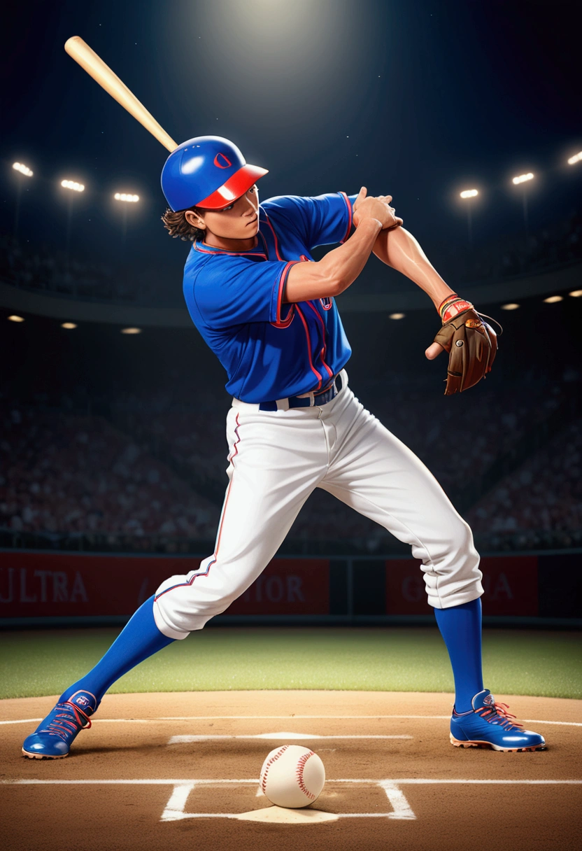 (Baseball Player), Capture the ethereal light and shadow in a stunning photograph with selective color details, revealing the hidden poetry of (glowing objects), full body, award-winning, cinematic still, emotional, vignette, dynamic, vivid, (masterpiece, best quality, Professional, perfect composition, very aesthetic, absurdres, ultra-detailed, intricate details:1.3), by Naoki Urasawa