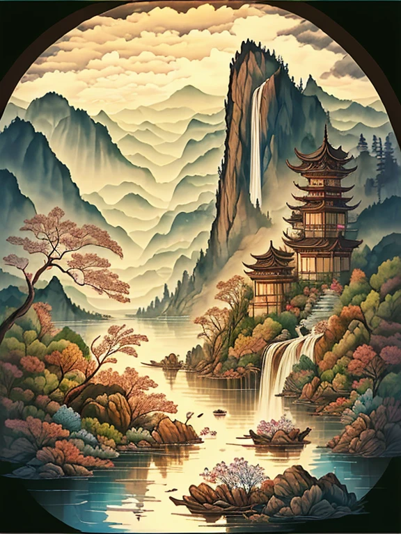 Lacquer painting, Makie, flower園,flower畑,Surreal illustration , Otherworldly, ,Highly detailed and magical lighting, Intricate forest details, Surrounding vegetation and river, Solarpunk ,landscape, , Beautiful foliage with beautiful lighting and realistic proportions, Like a movie background, 8K, Highest quality, masterpiece, 空のcloudと星.baptism,Baptism,Garden of Eden,Colorful,夢のようなlandscape, cloud, light piercing through the cloud, Reflection on the surface of the water, Gentle waterfall,flower々, flower ,Quiet atmosphere, Richness in details, Surreal beauty, Magical Aura, ファンタジーlandscape, High quality digital art, Vibrant colors, Fantastic lighting, Enchanting atmosphere, Artistic Expression, Otherworldly feeling, Beautiful brushwork, Magnificent View, Peaceful tranquility, Immersive Experience, Breathtaking views, Picturesque views, Mysterious charm, Mysterious atmosphere, Nuances, A magical dream. There are no people, Nobody is here