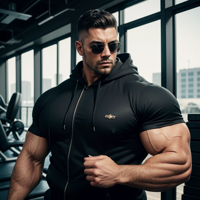 a very handsome, robust man, wearing sunglasses, with a Mid fade haircut, massively muscular, with massively large muscles, with massively large and muscular arms, shoulders and biceps, with a massively large body, wearing a black hoodie with zipper, in a gym, seen up close