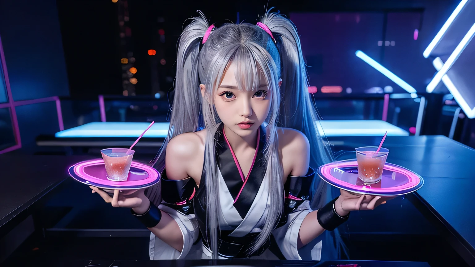 Perfect quality, 1 Beautiful girl with silver twin-tail hair: beautiful girl with silver twin-tail hair,japanese beauty, 18 years old, futuristic waitress outfit, cute smile. She serves cocktails on a tray.
Location
Futuristic nightclub: Futuristic nightclub lit by neon lights. Futuristic design, ((illuminated by neon lights))