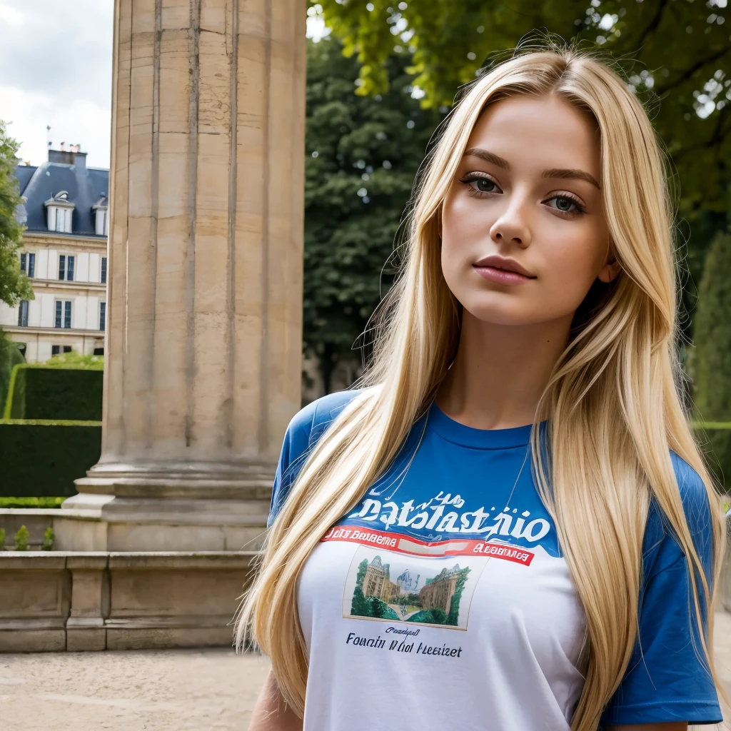 ((best quality)), ((masterpiece)), (detailed), 1woman, very long blonde hair, wearing French logo t-shirt, at Luxemburg garden, Paris, France,