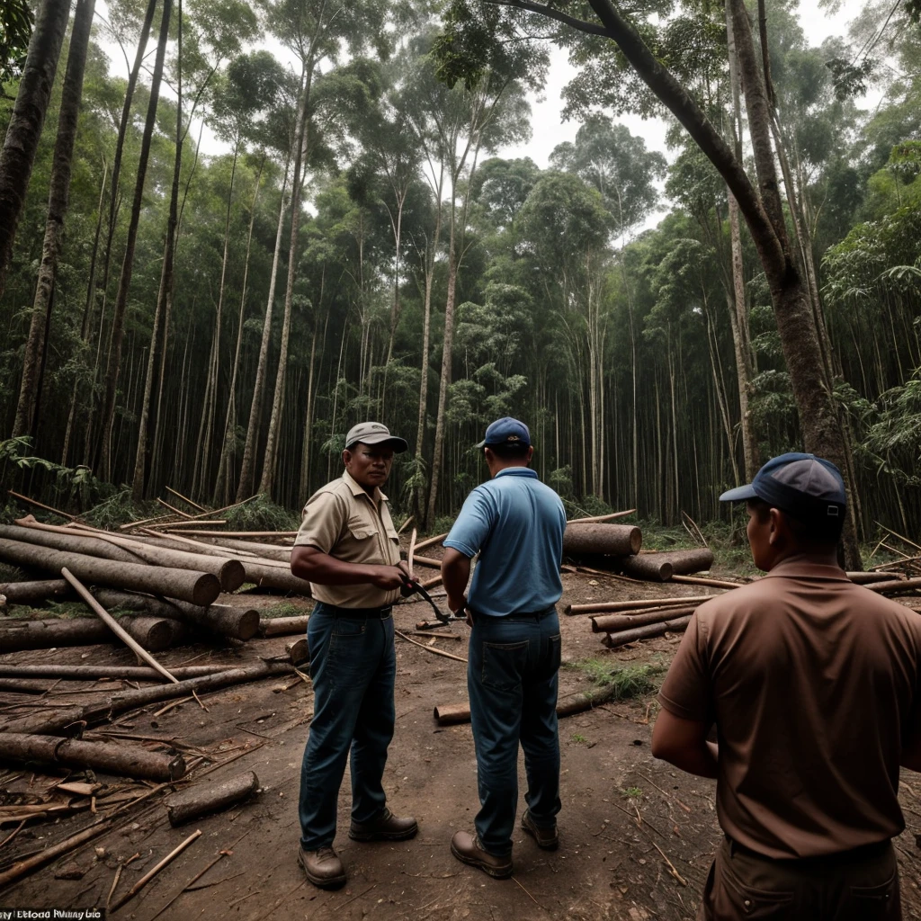 Secret photos of lumberjacks, Asian older man, A forest with only tree stumps, Tropical forests of Southeast Asia, The sky is dark., Hopeless, There was a group of people in the back who were illegally cutting trees., wood cutting machinery, realistically, 8K, A dull, disappointed light,