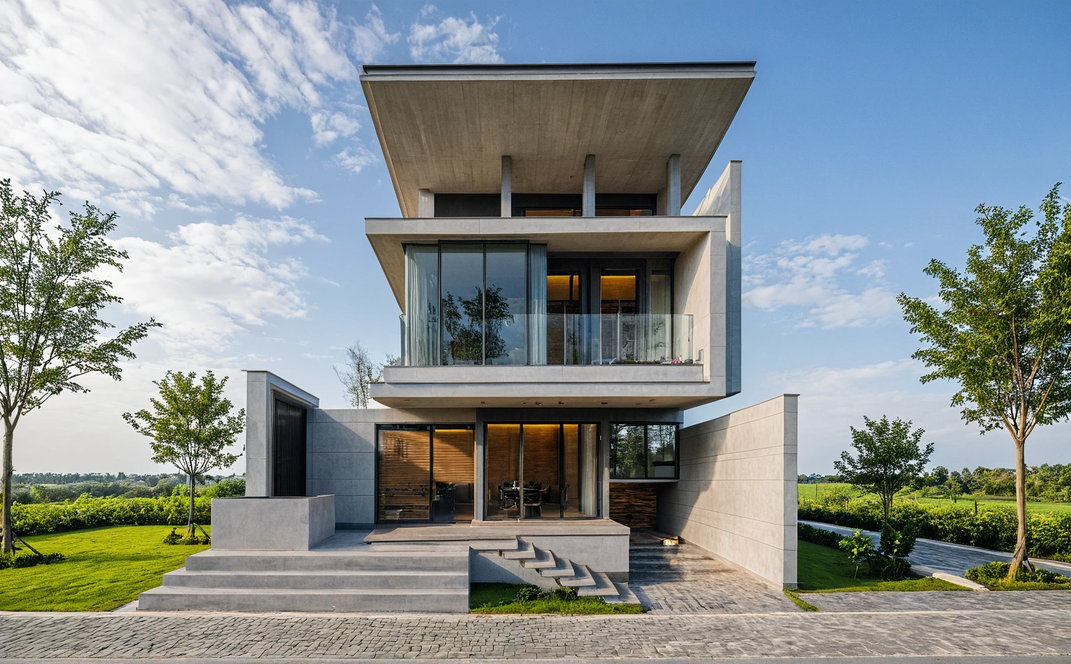 Masterpiece, high quality, best quality, authentic, super detail, outdoors, onestoreyvillaXL, aiaigroup, house style modern on the street ,stairs, white wall ,road,pavement, grass, trees, sky, cloud, (daylight:1.1)