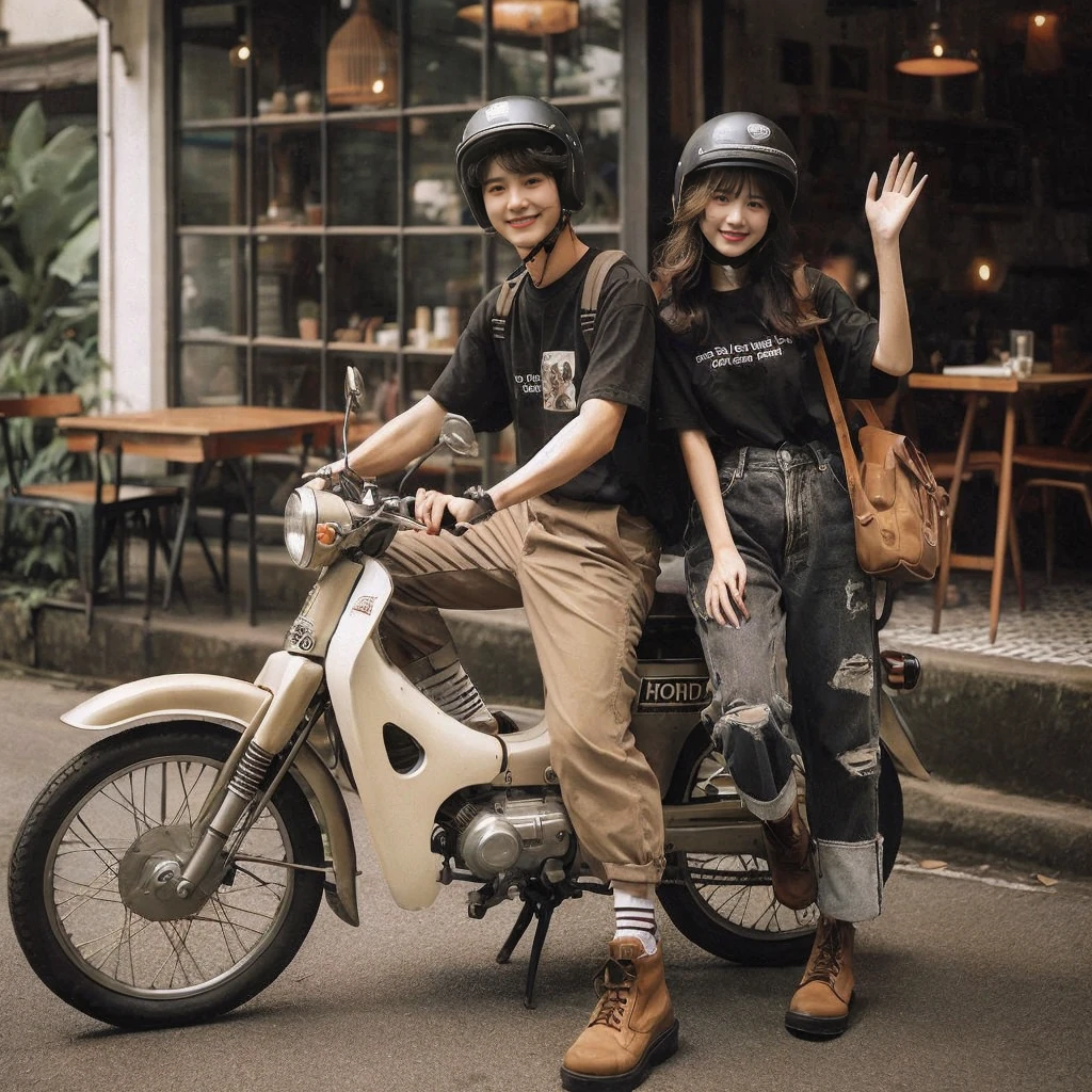 A nostalgic photograph captures the essence of a charming and confident young Asian couple, dressed casually and edgily in black T-shirts printed on them, torn pants, and brown safety boots. They pose on a classic beige Honda C70 Super Cub motorcycle, with the woman gracefully sitting on the bike and the man standing nearby, waving to the camera. They sport retro helmets and carry backpacks, adding to their effortless cool. The cozy café in the background