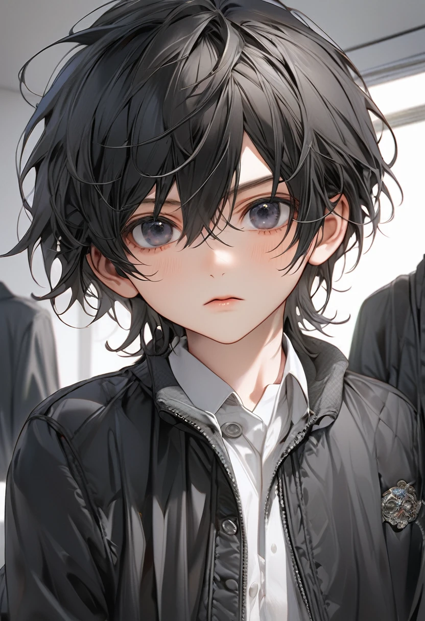 A , boy, handsome, black hair, short hair, mullet, black eyes, upturned eyes, expressionless, black jacket, anime, first-person view, masterpiece, anatomically correct, high details, highres, best quality, super detail