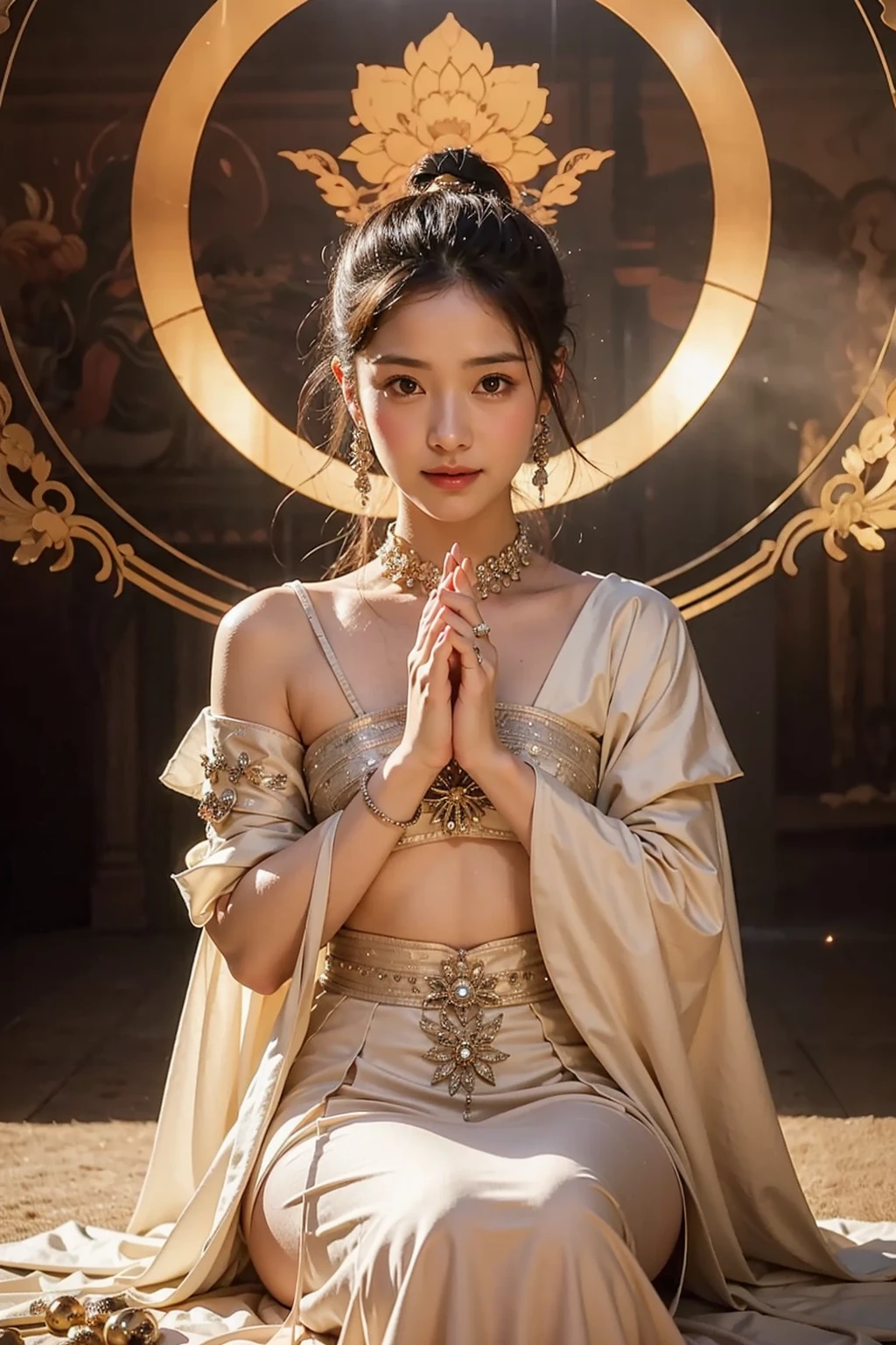 （chinese immortal）, （buddhism）, multiply_handmade story）, （bodhisattva）, 그녀는 Sitting on a lotus flower 있다, （three hands on the left，three hands on the right, 각 손에는 다른 buddhism 그릇이 있습니다., left right symmetry），（delicate and beautiful face）, （white silk gown）Sitting on a lotus flower, front view，light smile, neoclassicism, OP Art, chiaroscuro, cinematic lighting, god&#39;s light, ray tracing, character sheet, Insert projection, first person perspective, hyper hd, masterpiece, accurate, textured skin, super detail, high details, high quality, Awards, best quality, high resolution, 8K