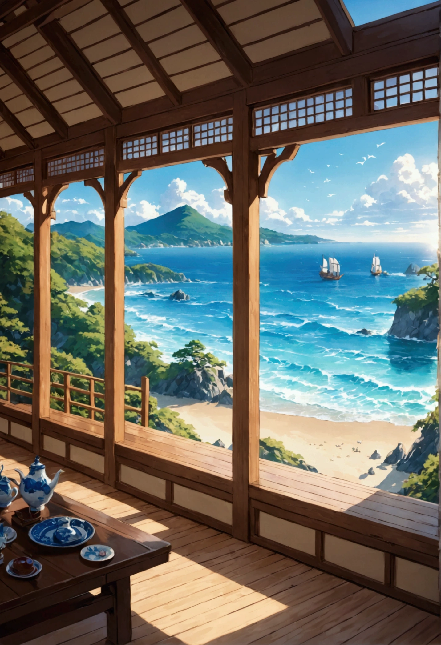 Summer Morning、Japan Coast、Embankment、Beach House、blue sea、background, Fantasy, wonderful,