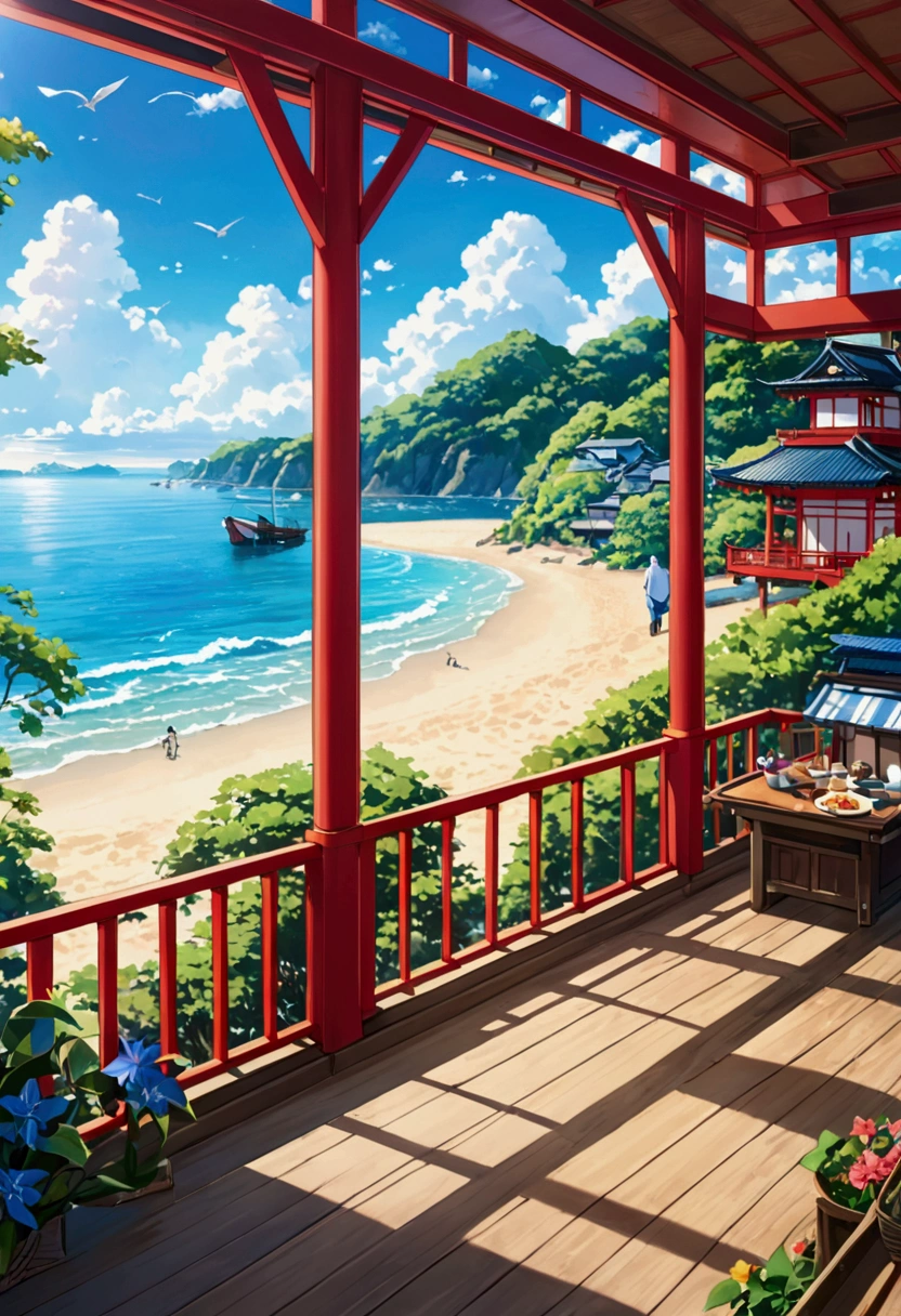 Summer Morning、Japan Coast、Embankment、Beach House、blue sea、background, Fantasy, wonderful,