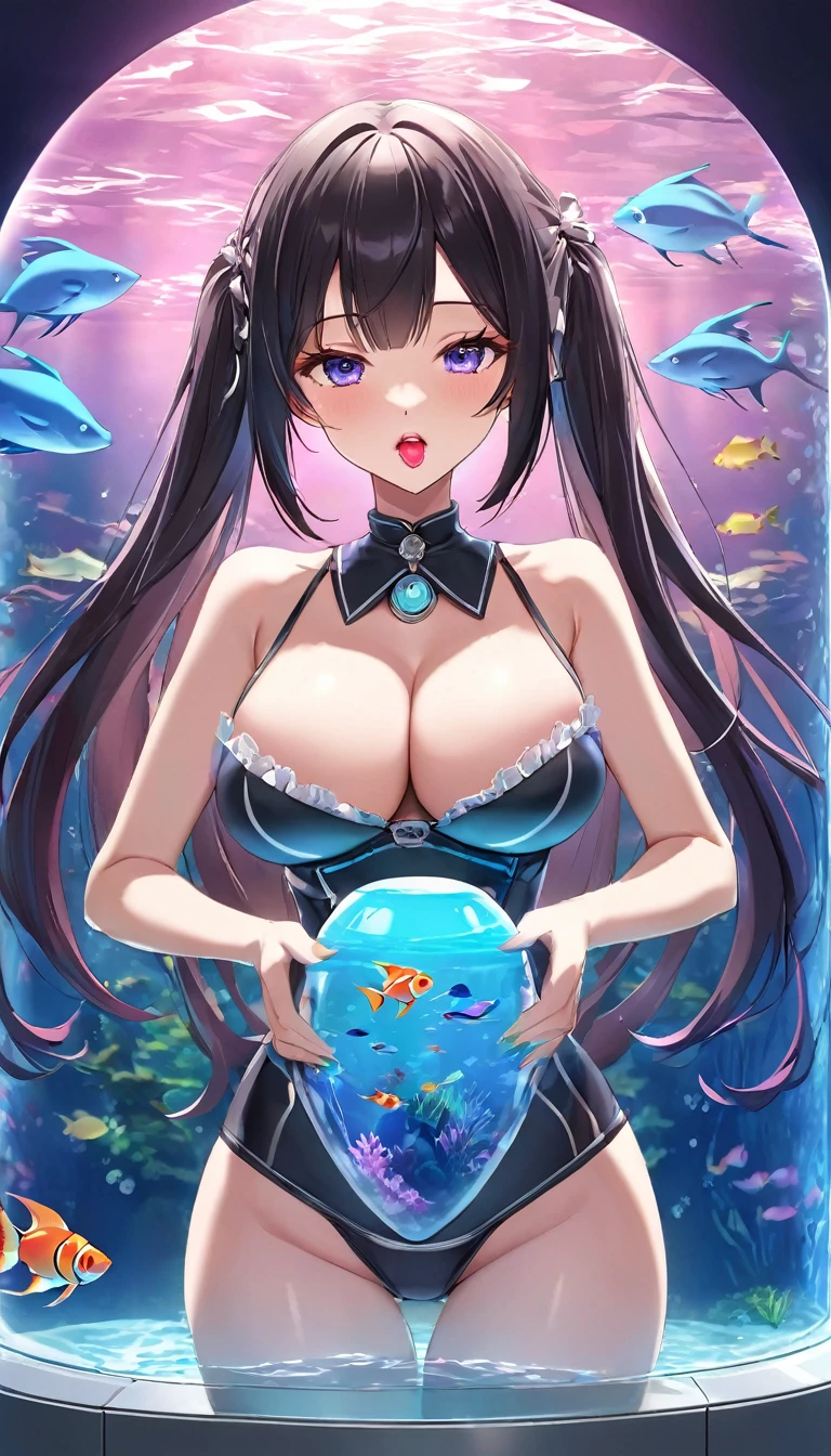 {{{{{16k, Camera angles close to face and tits}}}}}, {{{{{Her body and sex appeal are at their peak and she exudes an overwhelmingly seductive aura She kneels with her eyes upward drooling from the tip of her slender tongue and sticking out her tongue lovingly and skillfully caressing the penis in front of her, transforming a Japanese girl into her facial rank to the SSS rank of top-notch pretty actresses, She's in a cylindrical aquarium filled with female hormone fluid with a control panel that allows her to change the shape and appearance and personality of the girl inside at will, When the control panel under the aquarium was adjusted to a sexy beautiful big-breasted with tight cleavage slender underbusted personality girl her appearance changed to a cutely slut and gentle look, after being locked in a aquarium for four years and injected daily with beauty-enhancing hormones she grew into a girl that she had an lewd fetish for lips and necks and waistlines, The lush growing tits and waistline of a ripen quickly when the control panel is moved to a 20 year old and we see her in her prime as a woman, her clearer nip line from underbust to hips, Her too-beautiful rounded tits wrapped in her separates frills pastel colored bikini, Her hair is replaced by a bang long glossy very Straight black hair, The growing body is reproduced with sex-loving, thick vivid lips, She transforms her into a cute once-in-a-millennium}}}}},{{Extremely detailed}},{{{{{integrated her head small, Enchanting Too thick and erotic lips, Her thickened lips shimmer with luster}}}}}