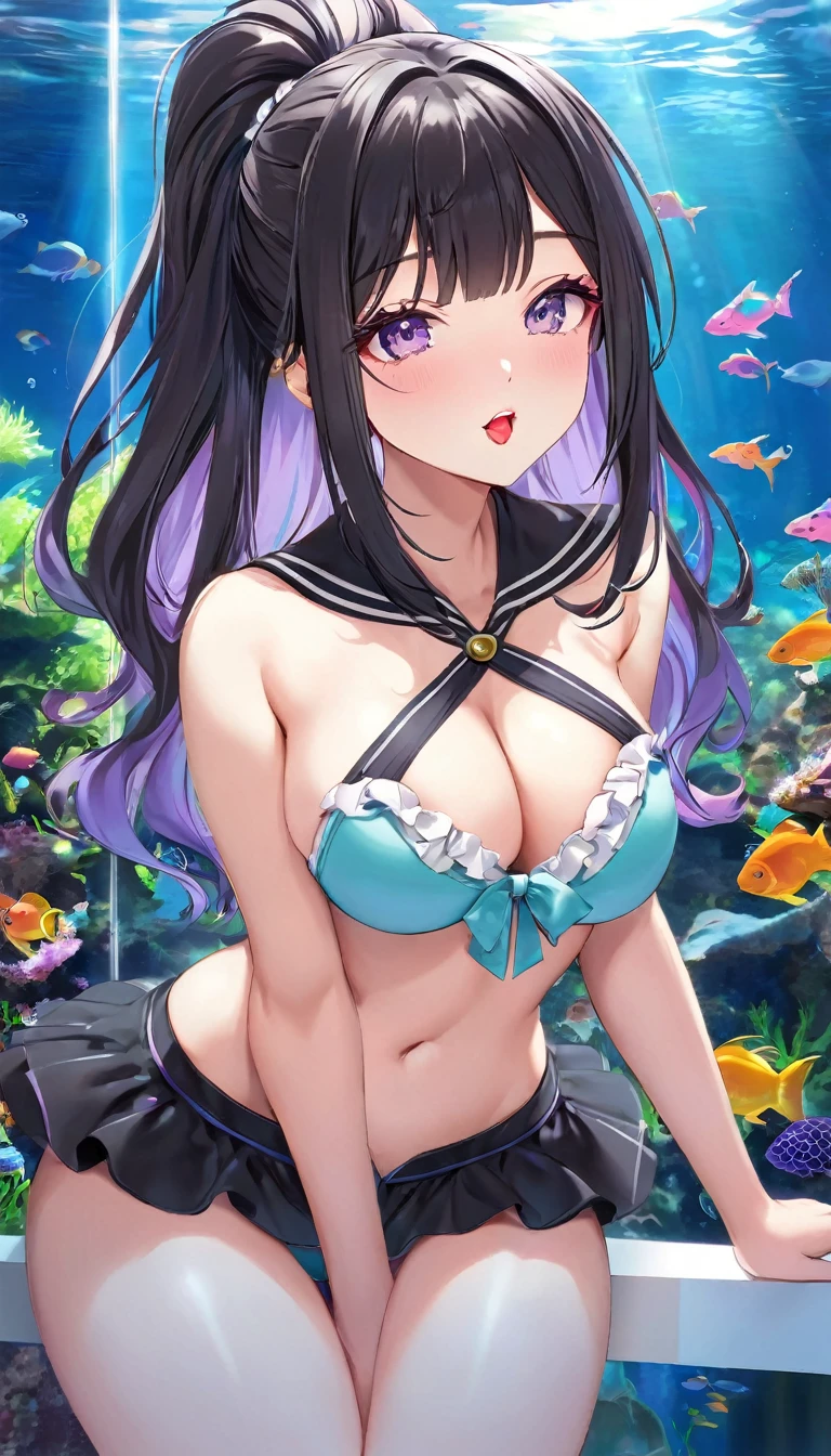 {{{{{16k, Camera angles close to face and tits}}}}}, {{{{{Her body and sex appeal are at their peak and she exudes an overwhelmingly seductive aura She kneels with her eyes upward drooling from the tip of her slender tongue and sticking out her tongue lovingly and skillfully caressing the penis in front of her, transforming a Japanese girl into her facial rank to the SSS rank of top-notch pretty actresses, She's in a cylindrical aquarium filled with female hormone fluid with a control panel that allows her to change the shape and appearance and personality of the girl inside at will, When the control panel under the aquarium was adjusted to a sexy beautiful big-breasted with tight cleavage slender underbusted personality girl her appearance changed to a cutely slut and gentle look, after being locked in a aquarium for four years and injected daily with beauty-enhancing hormones she grew into a girl that she had an lewd fetish for lips and necks and waistlines, The lush growing tits and waistline of a 16 year old ripen quickly when the control panel is moved to a 20 year old and we see her in her prime as a woman, her clearer nip line from underbust to hips, Her too-beautiful rounded tits wrapped in her separates frills pastel colored bikini, Her hair is replaced by a bang long glossy very Straight black hair, The growing body is reproduced with sex-loving, thick vivid lips, She transforms her into a cute once-in-a-millennium}}}}},{{Extremely detailed}},{{{{{integrated her head small, Enchanting Too thick and erotic lips, Her thickened lips shimmer with luster}}}}}
