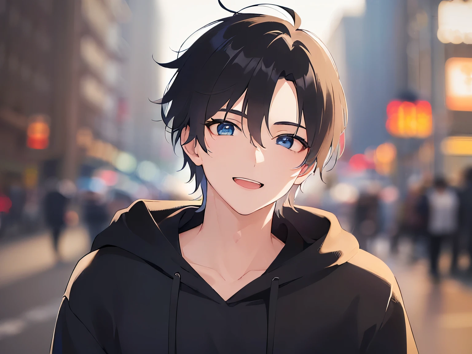 (25-year-old male:1.5) and (Black short hair) and (blue eyes)、looking at viewer,close-up,Shooting from above、
shiny skin, masterpiece、Highest quality、black hoodie,
smile,open mouth、（Background is a park at night：1.3）、Night Sky,grass、illumination、