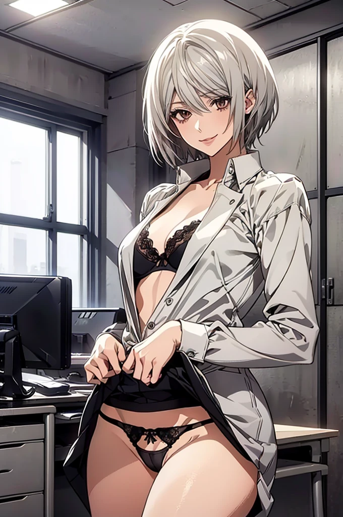 (Highest quality, High resolution, Very detailed), 1 female, Silver Hair, ToneShort Hair, Reddish brown eyes, office staff suit skirt, lace thong bra, open clothes, Large Breasts, secretary, 24th generation, Beautiful woman, mature, quiet, Calm, A small smile, office,