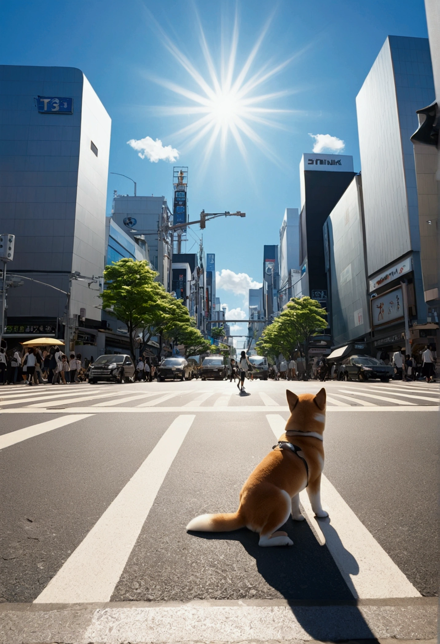 t2Img Studio Makoto Shinkai Taste, Beautiful sky, Shining Sun,Shiba Inu Puppy, Healing scenes,Shibuya Scramble Crossing,Wide angle、