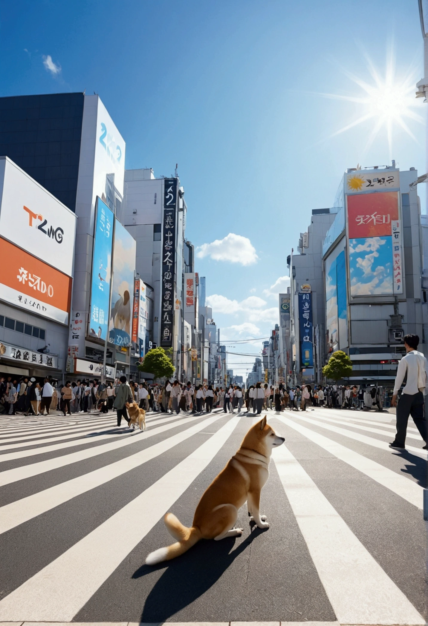 t2Img Studio Makoto Shinkai Taste, Beautiful sky, Shining Sun,Shiba Inu Puppy, Healing scenes,Shibuya Scramble Crossing,Wide angle、