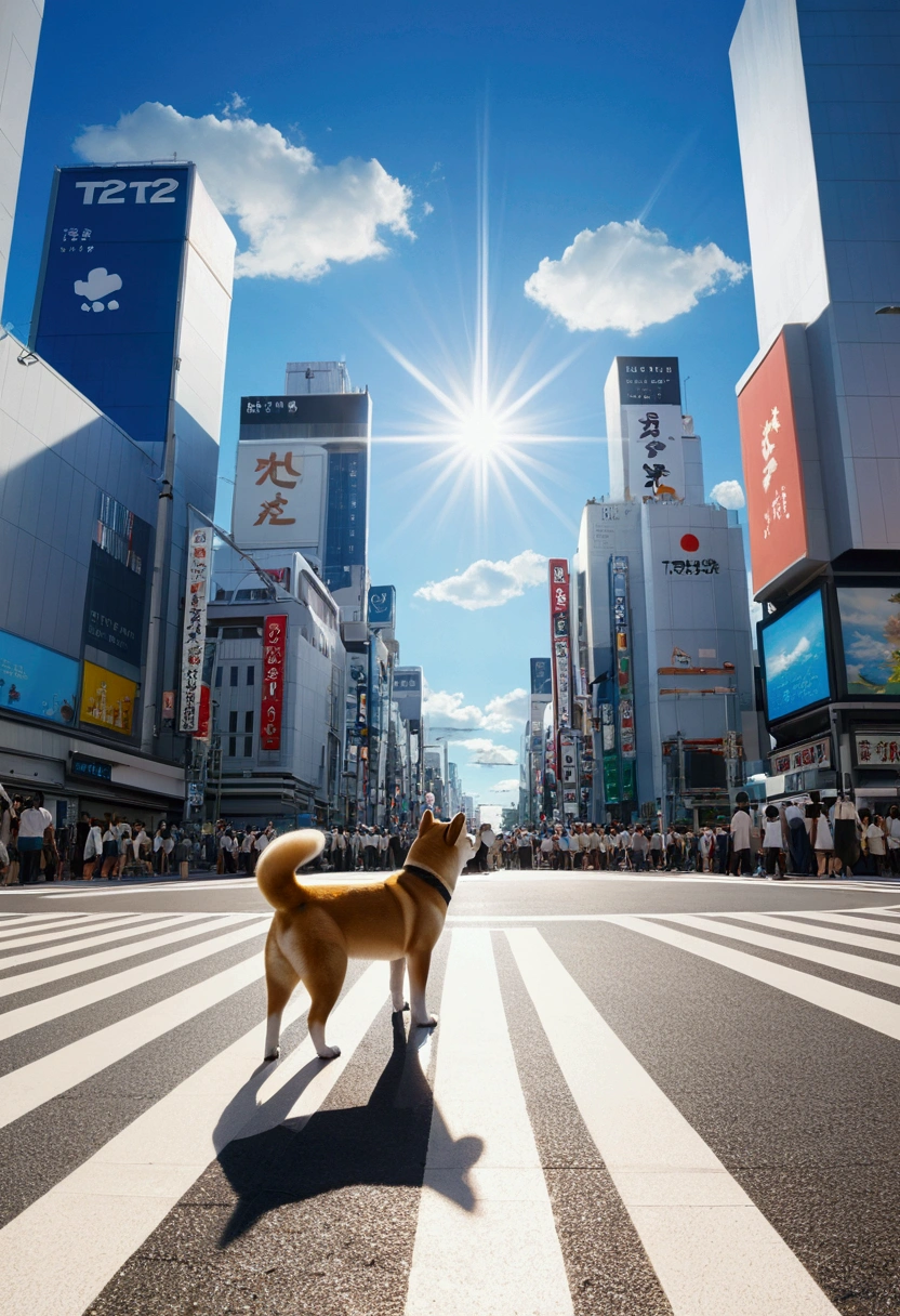 t2Img Studio Makoto Shinkai Taste, Beautiful sky, Shining Sun,Shiba Inu Puppy, Healing scenes,Shibuya Scramble Crossing,Wide angle、