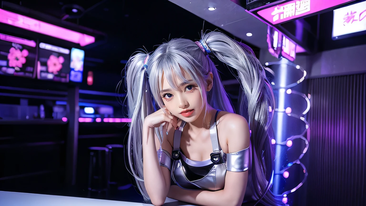 1 Beautiful girl , cute smile, with silver twin-tail hair: beautiful girl with silver twin-tail hair,japanese beauty, 18 years old, futuristic waitress outfit, cute smile. She serves cocktails on a tray.
Location
Futuristic nightclub: Futuristic nightclub lit by neon lights. Futuristic design, illuminated by neon lights.