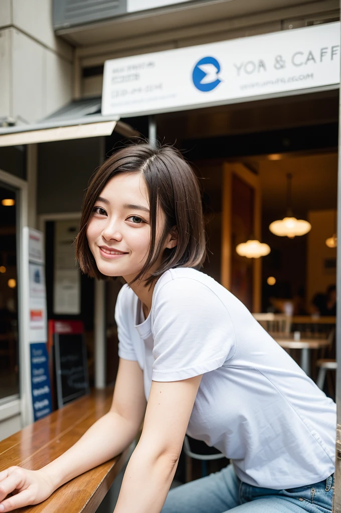 Top quality, 1 beautiful woman, super short Hair, shy-smile, wearing shirt, (leaning forward:1.3), at cafe