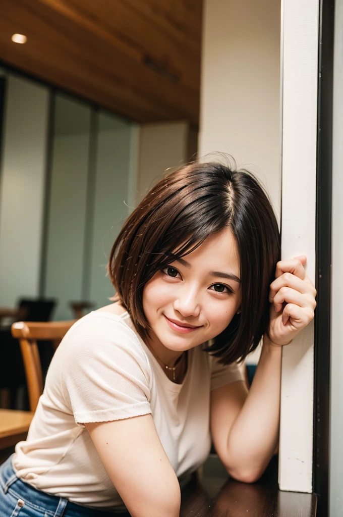 Top quality, 1 beautiful woman, super short Hair, shy-smile, wearing shirt, (leaning forward:1.3), at cafe