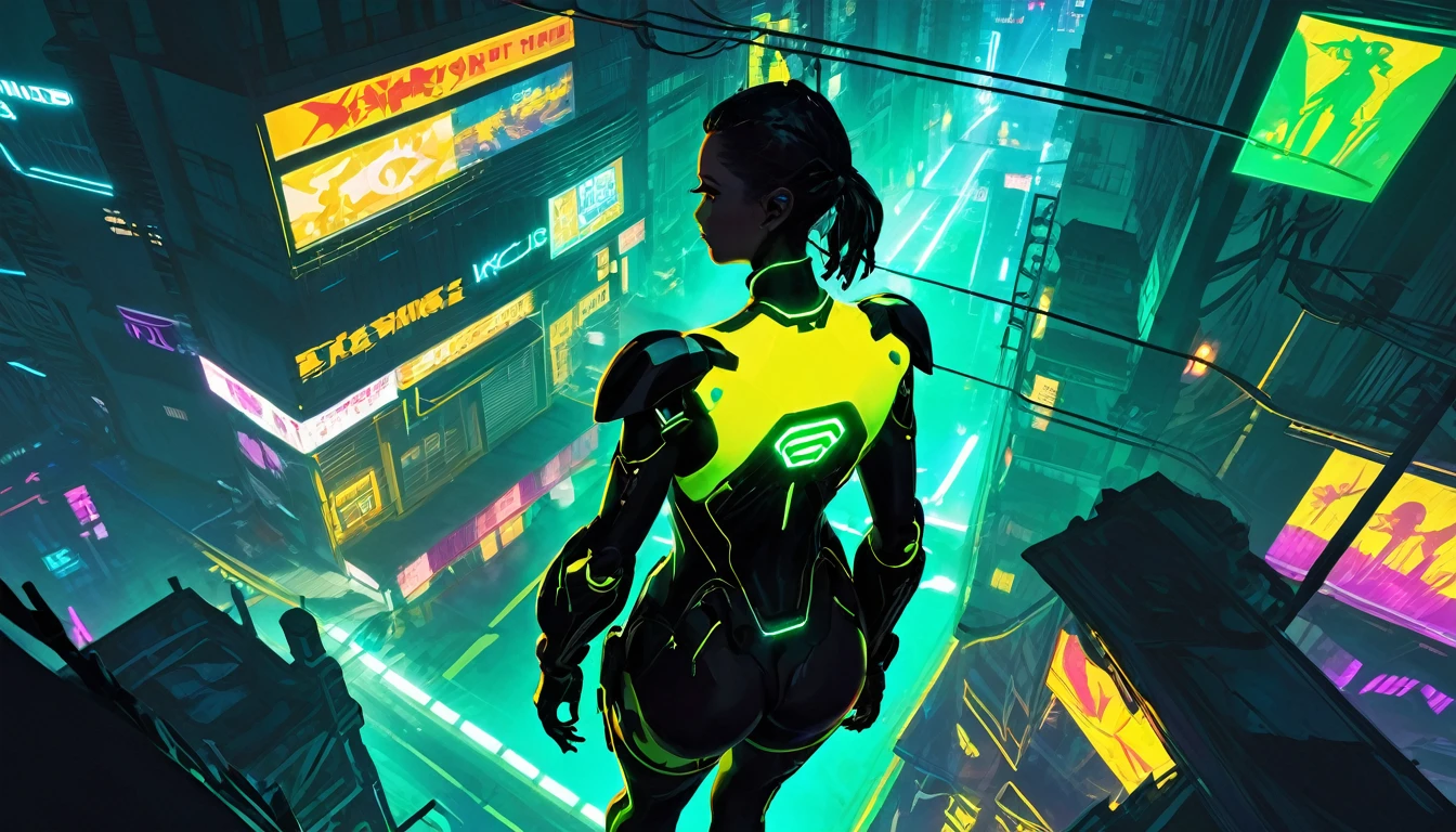 A stunning top-down view of a cyberpunk-style figure dressed in bright green and yellow, with neon lights illuminating the scene. The silhouette of the figure is cast by the imposing shadow of a huge, dystopian robot, creating a dramatic contrast of light and dark. The urban landscape is painted in bright colors, reflecting the futuristic and chaotic world they inhabit.
