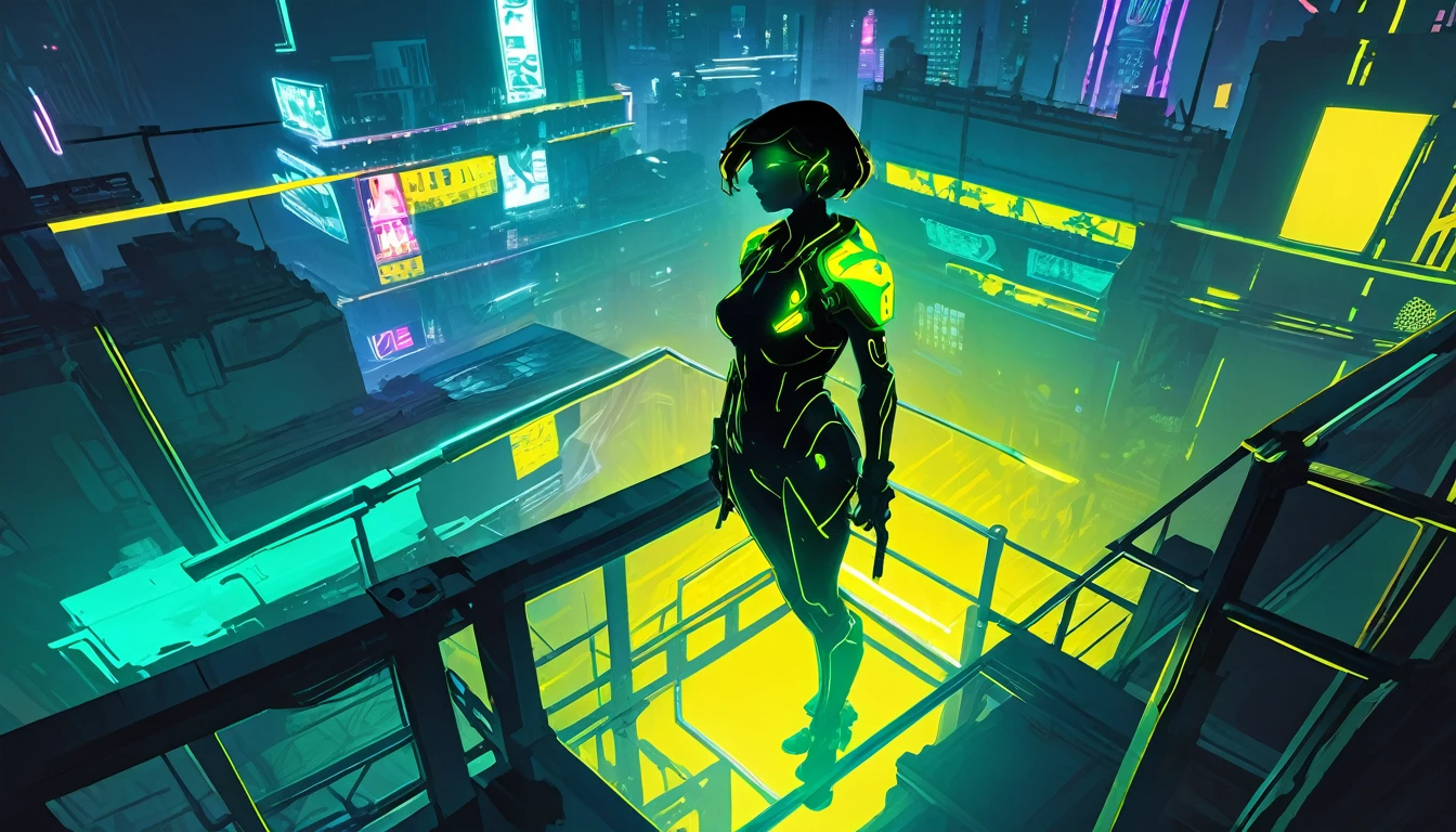 A stunning top-down view of a cyberpunk-style figure dressed in bright green and yellow, with neon lights illuminating the scene. The silhouette of the figure is cast by the imposing shadow of a huge, dystopian robot, creating a dramatic contrast of light and dark. The urban landscape is painted in bright colors, reflecting the futuristic and chaotic world they inhabit.