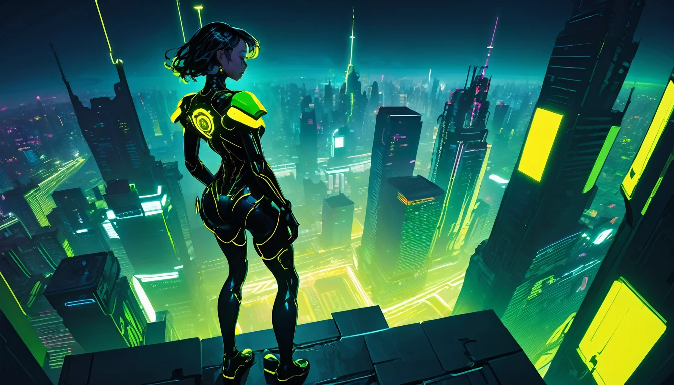 A stunning top-down view of a cyberpunk-style figure dressed in bright green and yellow, with neon lights illuminating the scene. The silhouette of the figure is cast by the imposing shadow of a huge, dystopian robot, creating a dramatic contrast of light and dark. The urban landscape is painted in bright colors, reflecting the futuristic and chaotic world they inhabit.