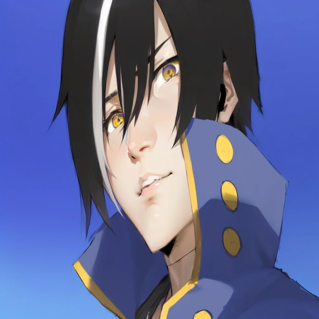 anime character with black hair and yellow eyes in blue outfit, inspired by Okumura Masanobu, okata kazuto, nobutaka ike, male anime character, roguish smirk, avatar image, highley detailled face, gurren lagan, masamune shiro, inspired by Okumura Togyu, black - haired mage